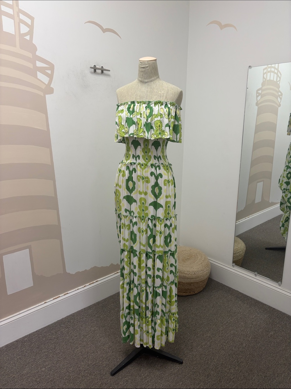 Strapless Green Patterned Maxi Dress